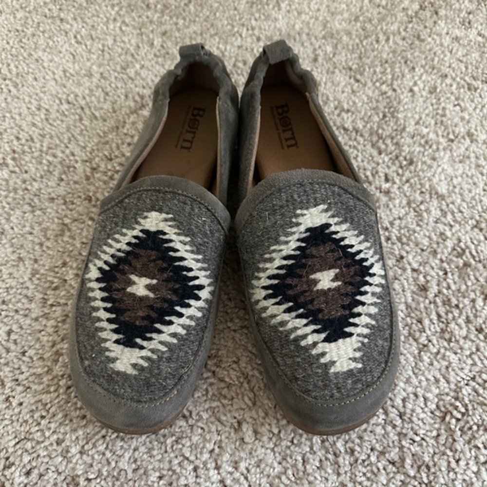 Born Gray Wool Slip-On Flats with Southwestern Pattern